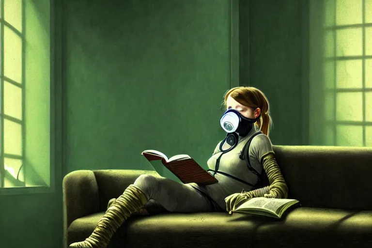 Prompt: girl with wearing a gas mask lying on the sofa reading a book in her room, in the style of dariusz zawadzki, solarpunk, exact anatomy, atmospheric, clean, intricate and epic composition, green by caravaggio, insanely quality, highly detailed, masterpiece, blue light, artstation, 4 k