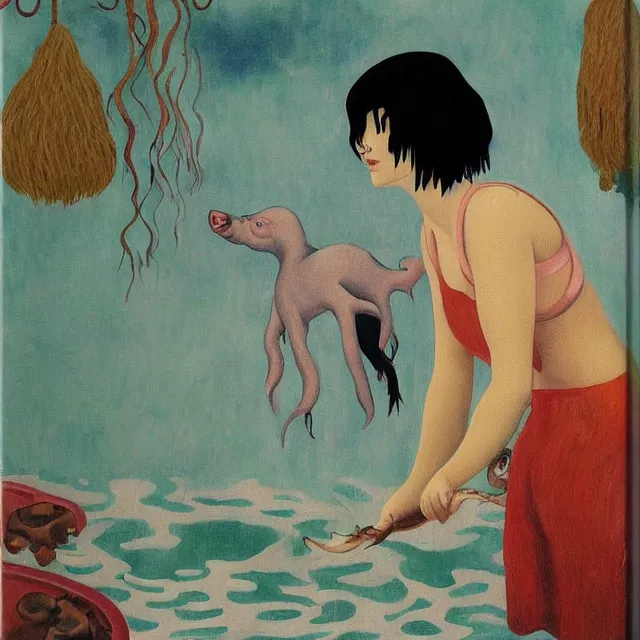 Image similar to tall female emo artist holding a pig in her flooded bathroom, mushrooms, octopus, water gushing from ceiling, painting of flood waters inside an artist's bathroom, a river flooding indoors, pomegranates, pigs, ikebana, zen, river, rapids, waterfall, black swans, canoe, berries, acrylic on canvas, surrealist, by magritte and monet