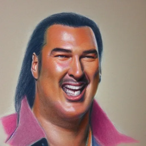 Image similar to a pastel drawing of early 90's Steven Seagal with a big smile on his face, highly detailed, bright, trending on artstation