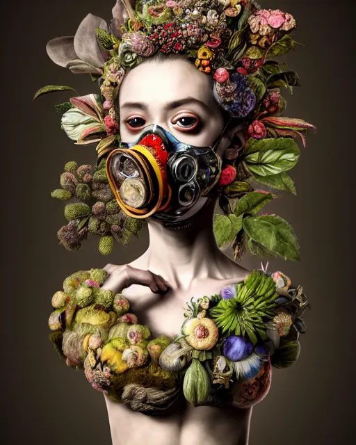 Prompt: a maximalist biomorphic portrait with with large eyes, expressive, wearing a botanical gas mask by arcimboldo, baroque painting by ayami kojima, mark ryden, haunting surrealism by dali, statue, high fashion, focus on head, soft light, 4 k, octane high quality render