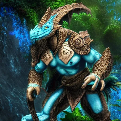 Image similar to A dragonborn with blue scales in a rainforest, trending on artstation, digital art