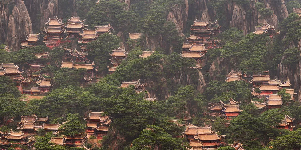 Prompt: huangshan with buddhist dwellings by wang jian