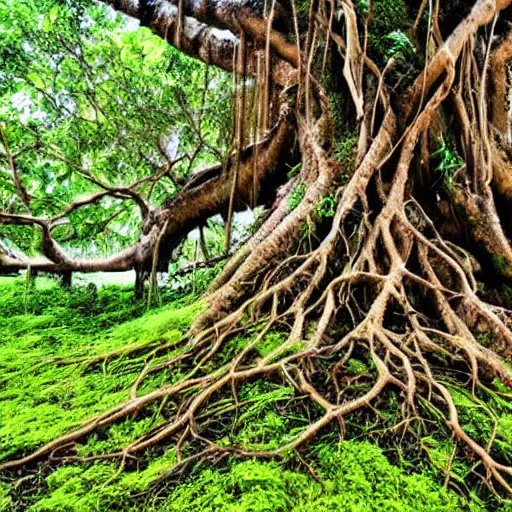 Image similar to mother nature emerging from the roots of a mangrove tree, mossy, roots, nature