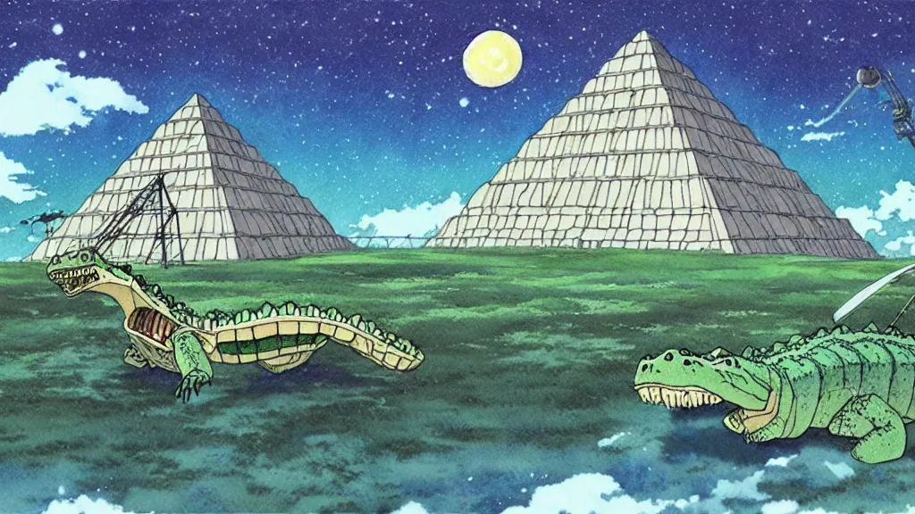 Image similar to a hyperrealist watercolor concept art from a studio ghibli film showing a giant mechanized crocodile from howl's moving castle ( 2 0 0 4 ). a pyramid is under construction in the background, in the rainforest on a misty and starry night. a ufo is in the sky. by studio ghibli