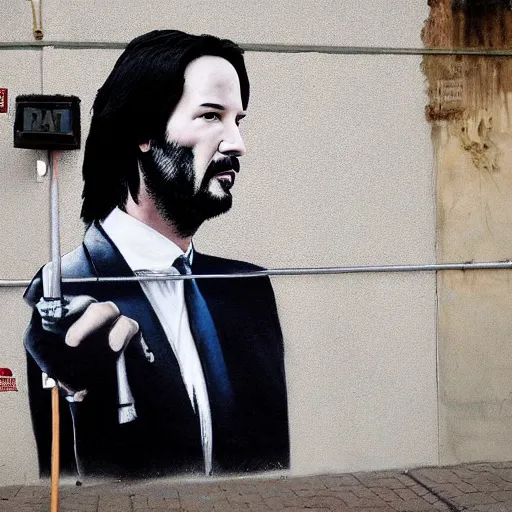 Image similar to Street-art portrait of Keanu Reeves in style of Banksy, photorealism