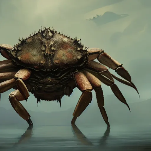 Image similar to giant crab, daimyo hermitaur, long lens, wide angle, greg rutkowski, drark, dark, plutus su, chris scalf, lucas graciano, billy christian, symmetrical, deep forest, unreal engine, atmospheric haze, d & d, fantasy, high detailed, realistic,, artstation, cinematic, dramatic lighting, close up