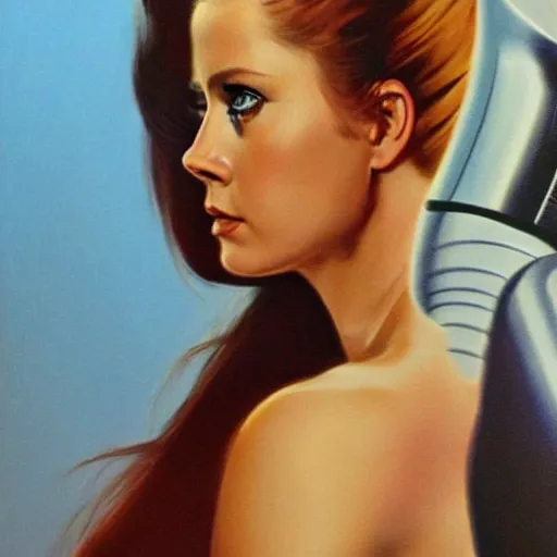 Prompt: ultra realistic portrait painting of amy adams in a 1 9 7 0 s sci - fi ad, art by frank frazetta, 4 k, ultra realistic, highly detailed, epic lighting