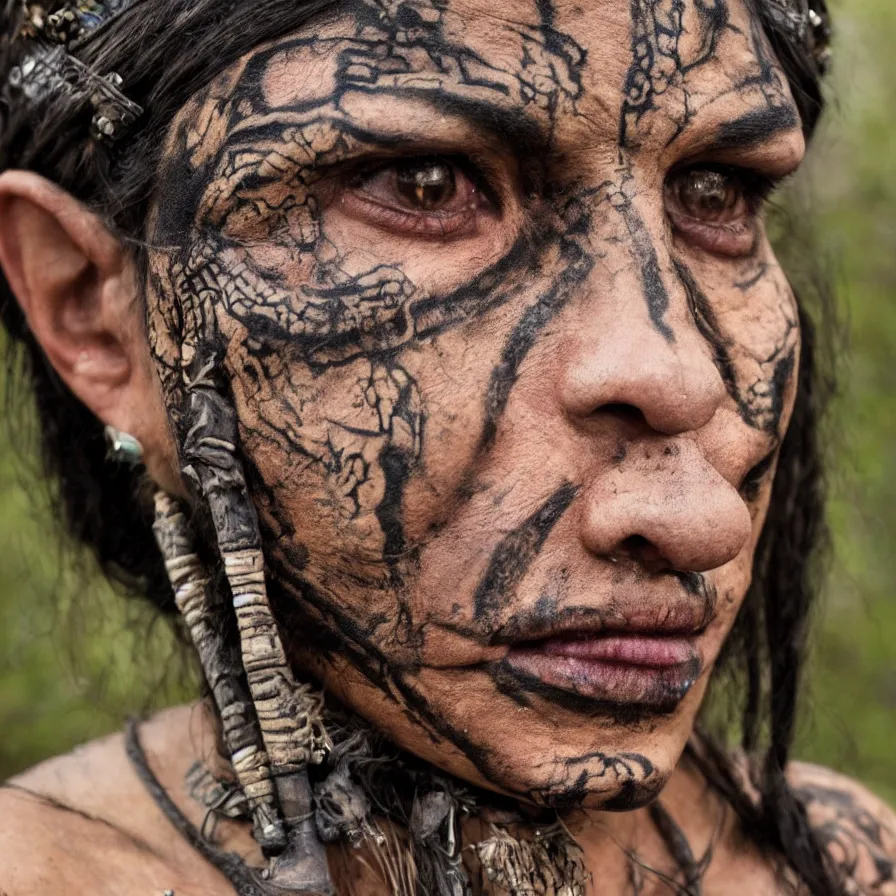 Image similar to extremely detailed award winning national geographic face portrait photography uncut centered and realistic from ancient mayan elder shaman warrior with terrifying face tattoos and heavy bone piercings . 64megapixel. 4k 8k. Photorealistic artwork. Influenced by the movie apocalypto. Landscape background what is slightly blurry and windy.