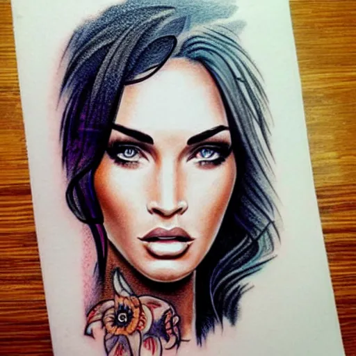 Image similar to tattoo design sketch of megan fox mash up effect with beautiful mountain scenery, in the style of matteo pasqualin, amazing detail