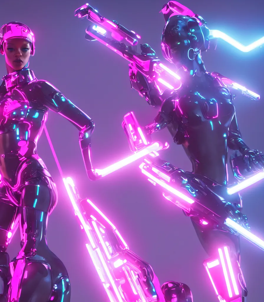 Image similar to cinematic, photography, a beautiful rihanna cyborg, perfect bionic body, pink chrome armor, neon holographic ui data displays, pink space gun, hajime sorayama, masamune shirow, octane rendered, 4 k, lens flare,