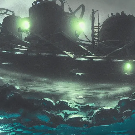 Image similar to underwater mining station, dark, sinister, brush strokes, heavy paint, gradients, highly detailed, cinematic matte painting, concept art, smooth, sharp focus