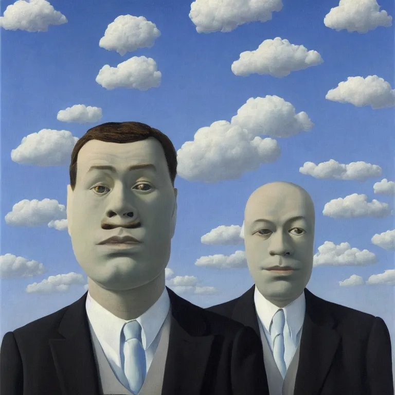 Image similar to portrait of a faceless shadow - head man in a suit, clouds in the background, by rene magritte, detailed painting, distance, middle centered, hd, hq, high resolution, high detail, 4 k, 8 k