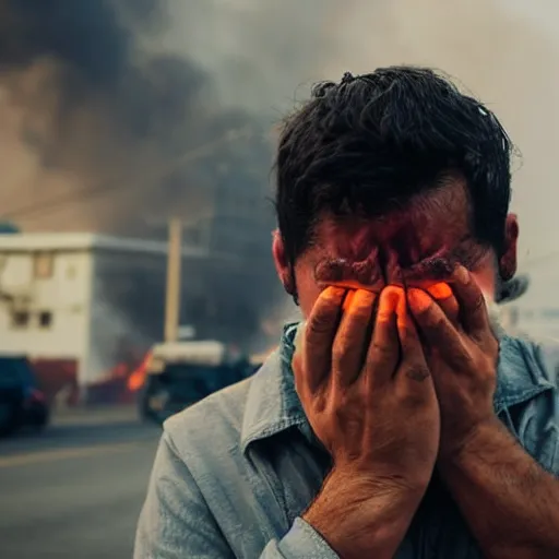 Image similar to Close up of a man standing alone crying the city is burning and fire is everywhere while world is getting destroyed