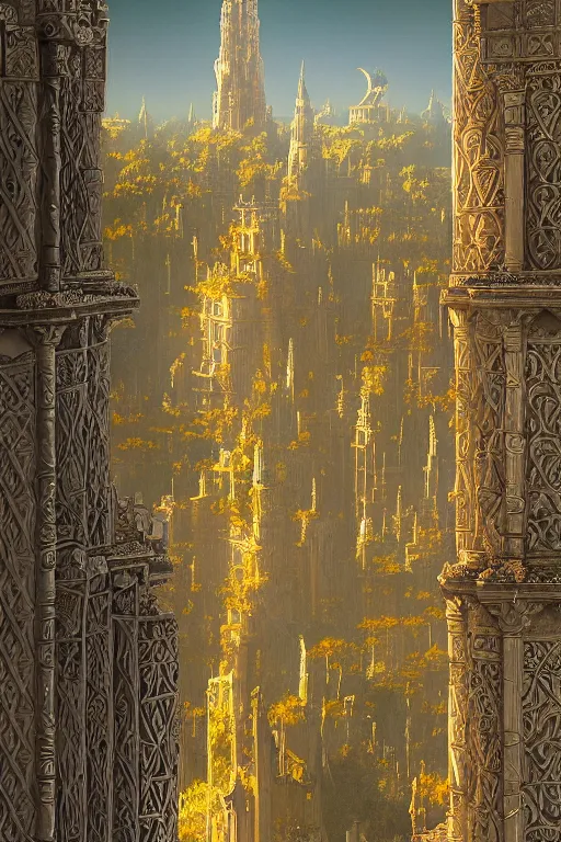 Image similar to ancient silver tower of the moon, distance view, fairytale illustration, elaborate carved latticed balconies, tall windows, moorish architecture, formal gardens, dramatic cinematic lighting, soft colors, golden age illustrator, unreal engine, by Andreas Rocha and Ludwig Deutsch and (Maxfield Parrish)