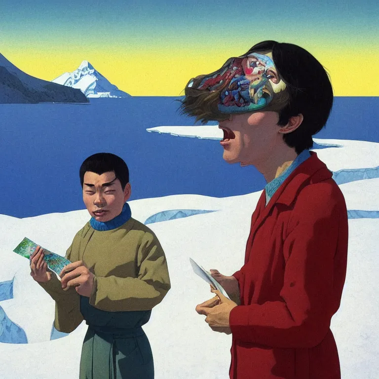 Image similar to a closeup portrait of a young siberian man eating a blotter paper of LSD acid and dreaming psychedelic hallucinations in the vast icy landscape of Antarctica, by kawase hasui, moebius and Edward Hopper, colorful flat surreal design, hd, 8k, artstation