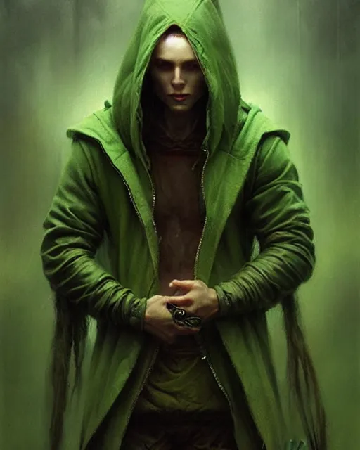 Image similar to portrait Green hooded jacket coat Beefy muscular fit Hunter elf, long-haired By greg rutkowski, tom bagshaw, beksinski