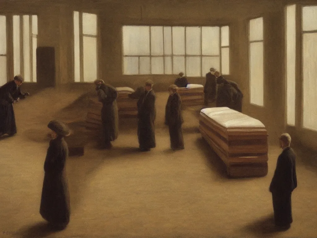 Image similar to Interior full of wooden coffins. Grazing, harsh light. Painting by Vilhelm Hammershoi