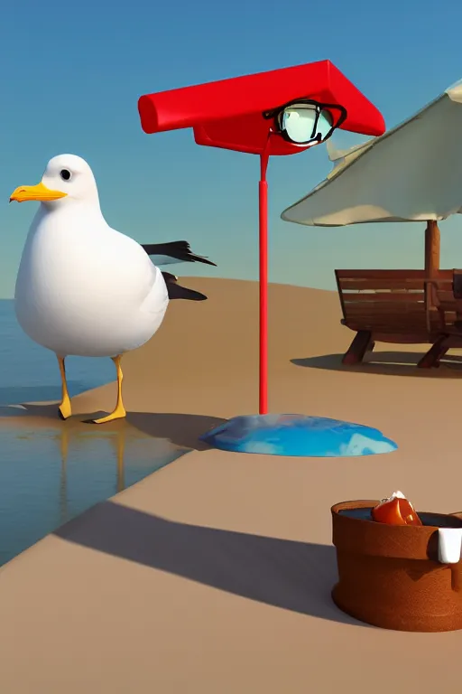 Image similar to Seagull Pixar character drinking a cup of coffee in the beach, Up movie style, 3d render