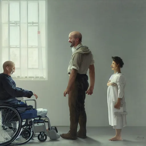 Image similar to a male patient in a wheelchair in the hospital with his wife and son standing by. happy, cheerful, smiling, intricate, face enhance, sharp focus, cinematic lighting, featured in artistation, 8 k, art by greg rutkowski, william adolphe bouguereau