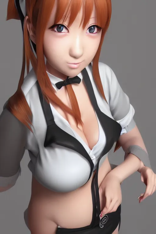 Image similar to photorealistic 3 d render of of an impossibly curvy anime girl wearing a schoolgirl outfit, featured on pixiv, booru, exaggerated proportions, high resolution digital art, 4 k, beautiful symmetric face, subsurface scattering, volumetric lighting, realistic skin texture