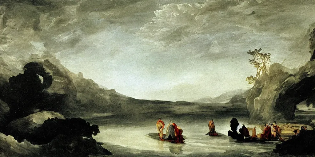 Image similar to hyperrealismBaptism on the river monster spider and girls in white capes landscape in style of Goya