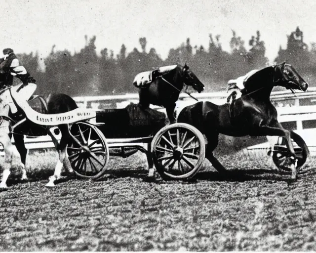 Image similar to a photo from the early 1900s of a horse racing an antique electric car