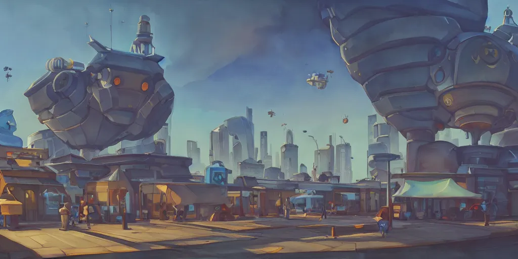 Image similar to overwatch building, stylized, exterior, architecture, in watercolor gouache detailed paintings, insanely detail, artstation, 8 k, futuristic, big medium small, arcane, simon stalenhag, food stall, interesting shapes & form, golden ratio, megastructures, vitaly bulgarov