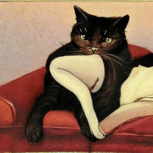 Image similar to a cat sitting on the head of a boy sleeping on a couch, by gerald grom