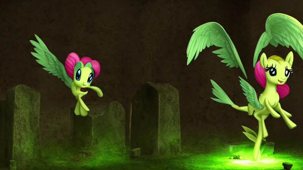 Image similar to 3D Fluttershy from My Little Pony as a necromancer, standing over a tomb stone, bright green swirls coming up it, glowing aura around her, pitch black background, dramatic and colorful lighting, floating green chibi glowing skulls, smoke all around, insane special effects, unrealengine, 4k, HDR, unique camera angle, bones lying on the ground, inside a crypt, skeletons rising from the dead, artwork, gothic style, detailed feathers, detailed faces with large eyes and pupils