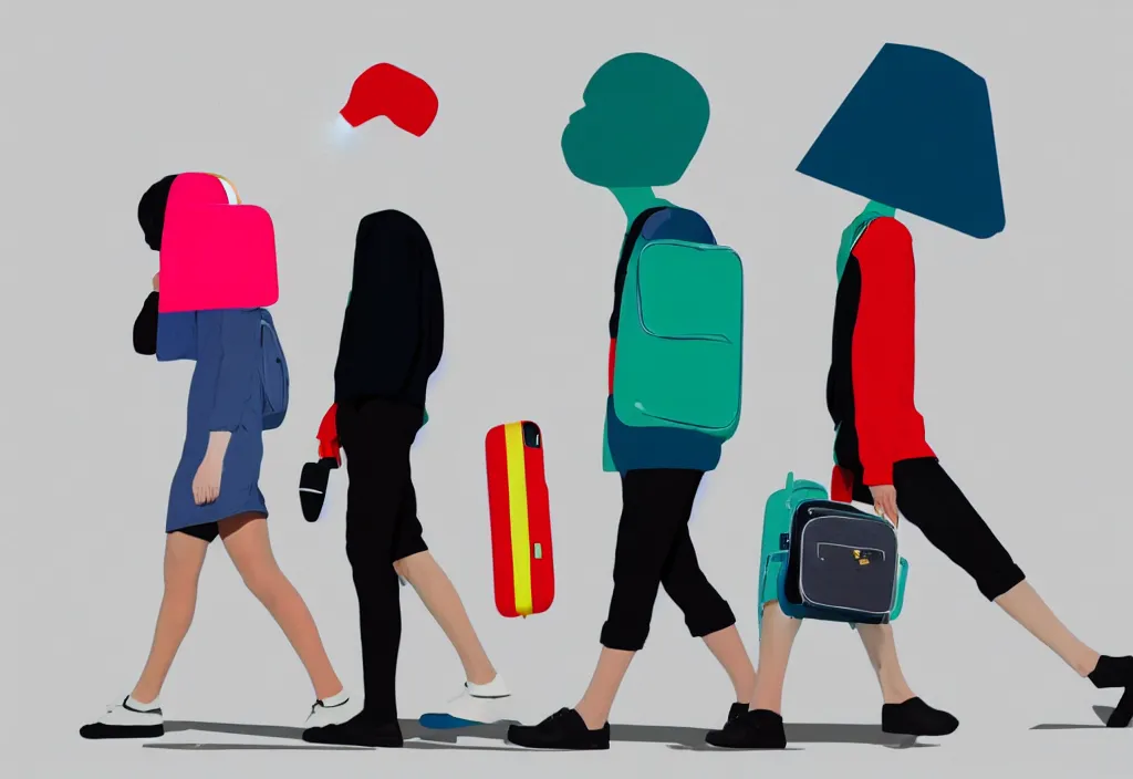 Image similar to full body portrait of a duo of young english tourists travel apparel, various poses walking and carrying luggage, geometric character designs painting, in the style of wes anderson, rene magritte, lola dupre, david hockney, isolated on white background, dark monochrome neon spraypaint accents octane render