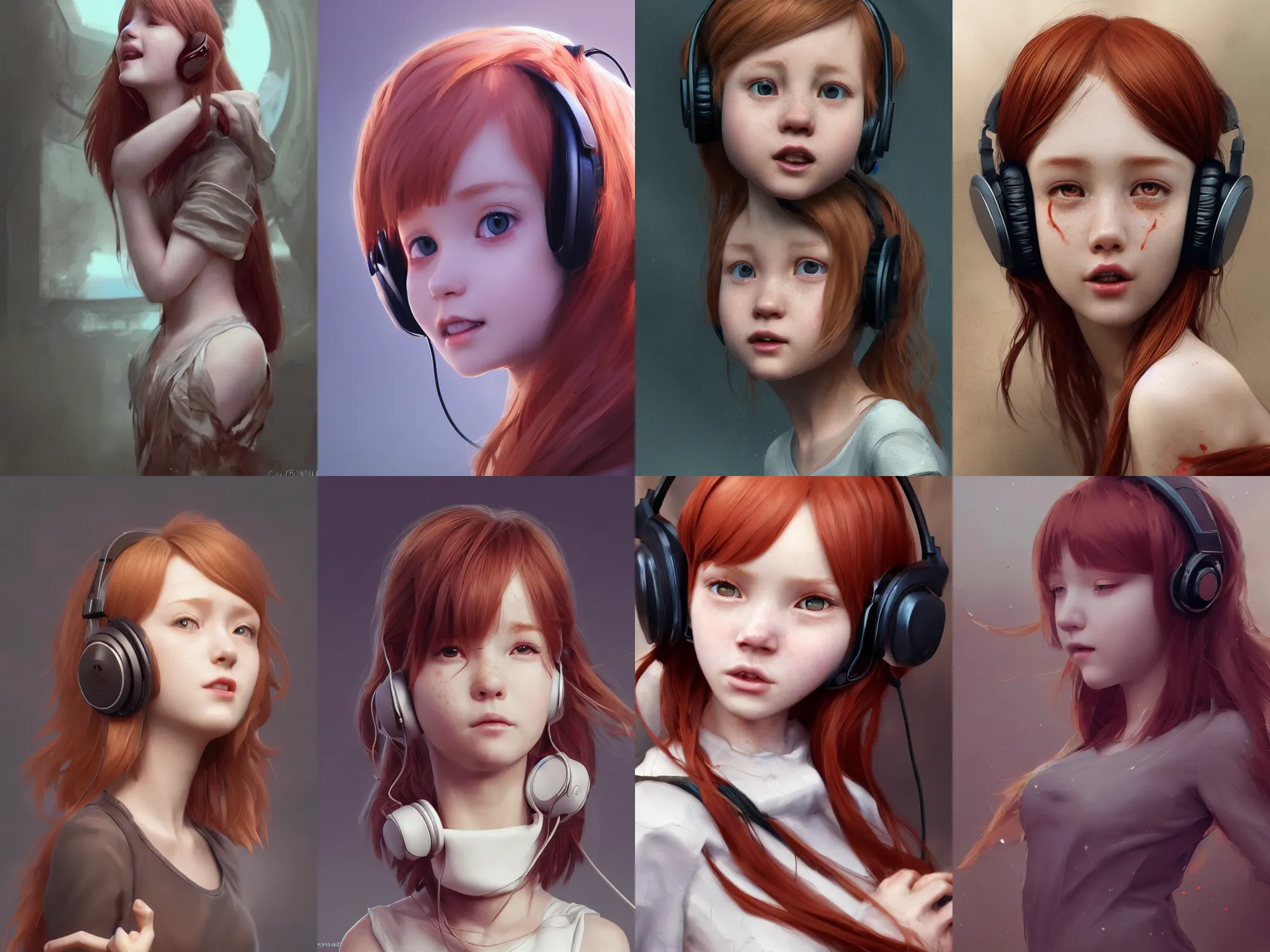 Image similar to complicated dynamic composition,realistic style at CGSociety by WLOP,Greg Rutkowski,trending on artstation. Zbrush sculpt colored,Octane render in Maya and Houdini VFX,realistic close-up face of cute young redhead girl, expressing joy, dress,headphones,silky hair, deep eyes.Amazing textured brush strokes.Cinematic dramatic atmosphere,sharp focus, soft volumetric studio lighting.