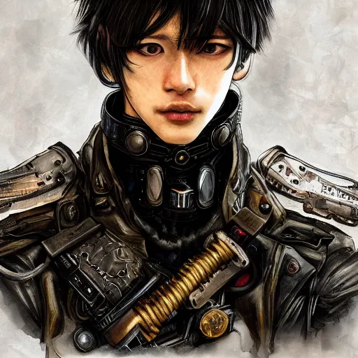 Prompt: portrait of a man by ayami kojima, japanese, he is about 2 0 years old, black short hair with bangs, he is wearing a steampunk tactical gear, highly detailed portrait, digital painting, artstation, concept art, smooth, sharp foccus ilustration, artstation hq