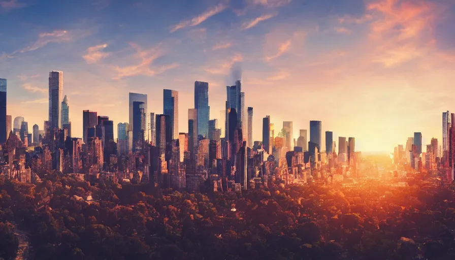 Image similar to city art with a mix between los angeles, and new york city with central park and beverly hills combined, sunset, hyperdetailed, artstation, cgsociety, 8 k