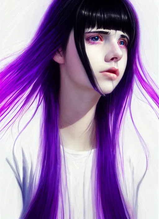 Image similar to hair whitebangs hair, black hair, whitebangs, portrait of teenage girl with white bangs, red irises, purple clothes, white bangs, bangs are different color from hair, intricate, elegant, glowing lights, highly detailed, digital painting, artstation, concept art, smooth, sharp focus, illustration, art by wlop, mars ravelo and greg rutkowski