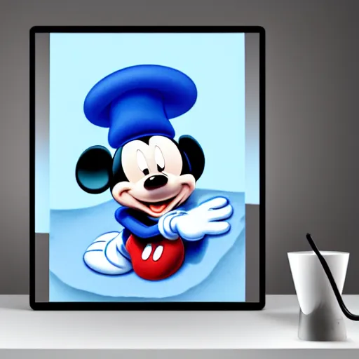 Prompt: mickey mouse with a blue hat on top of a table, a storybook illustration by walt disney, behance, magic realism, fantasy, mystical, reimagined by industrial light and magic