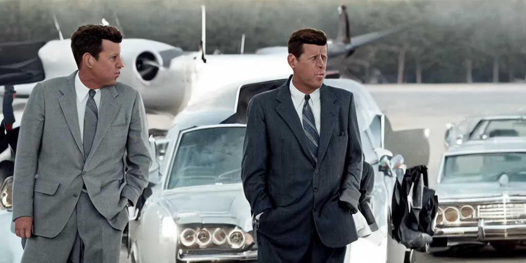 Image similar to Adam Sandler as John F. Kennedy in 'JFK: The Untold Story' (2023), movie still frame