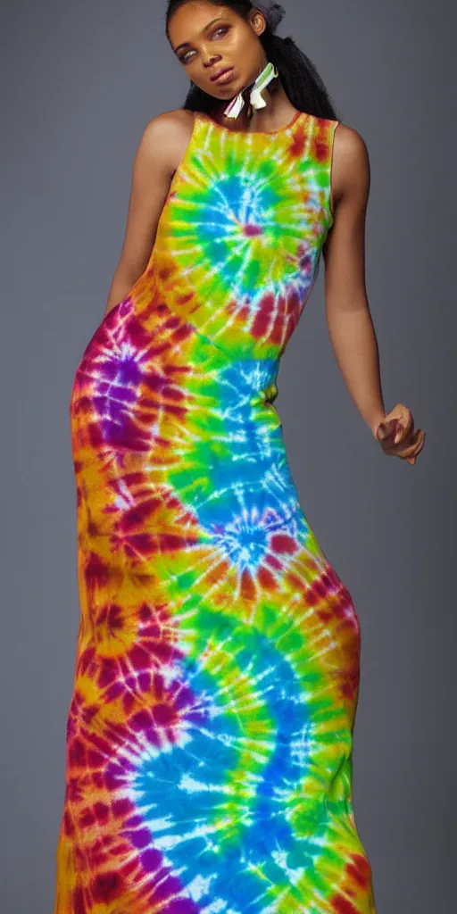 Image similar to a beautiful woman model dressed in a tie - dye dress, studio photo, hyperrealistic