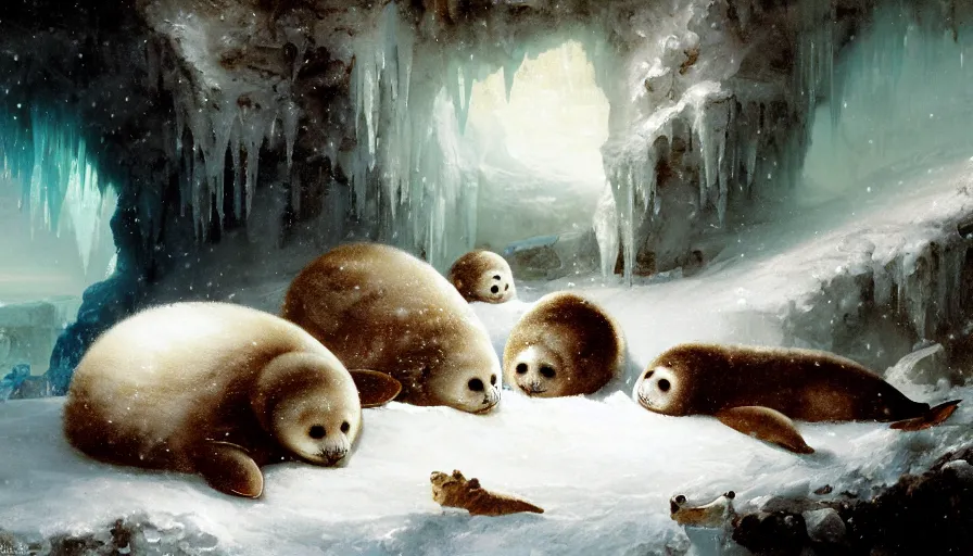 Image similar to highly detailed painting of cute furry white baby seals eating fish inside a snowy fantasy ice crystal cavern by william turner, by greg rutkowski, by william constable, thick brush strokes and visible paint layers, 4 k resolution