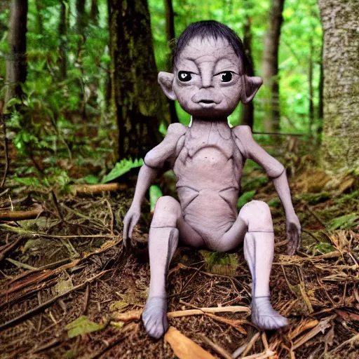 Prompt: Small humanoid creature. Grey skin. Black eyes. Loincloth. Sitting in the forest. Detailed face.