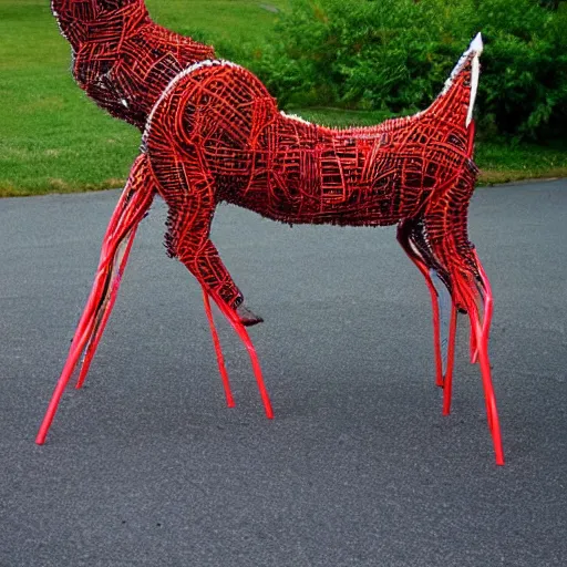 Prompt: A carnivorous deer sculpture made entirely from roadside traffic barrels