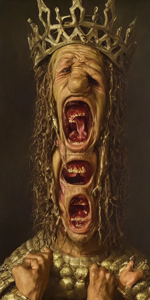 Prompt: a realist portrait of pickle rick, screaming and crying, insane face as a medieval king by andrey shishkin, oil on canvas