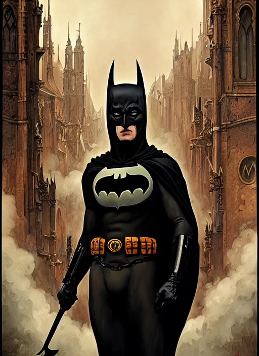 Prompt: majestic gothic batman black armored sinister man noir movie poster, art style by edmund leighton, tom bagshaw, alphonse mucha, exquisite digital art, haunting, masterpiece, organic painting, photorealistic, ornate and hyper detailed