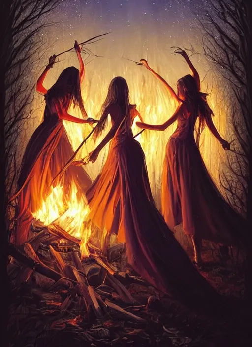 Prompt: three elegant, beautiful witches dancing around a bonfire in the woods at night, vivid colors, dark shadows, contrast, concept art, sharp focus, digital art, Hyper-realistic, 4K, Unreal Engine, Highly Detailed, Dramatic Lighting, Beautiful, by Brom, trending on Artstation, Tom Bagshaw