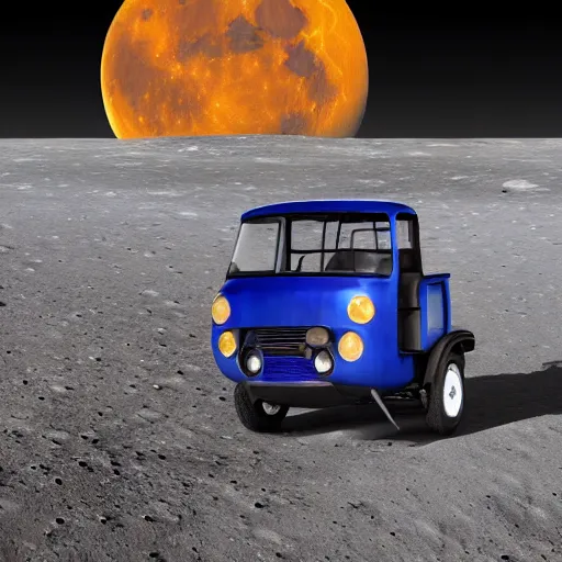 Image similar to a dark blue bajaj tuk tuk traveling on the surface of the moon, moon craters, night sky, milky way, hard lighting, matte painting, concept art, 4k