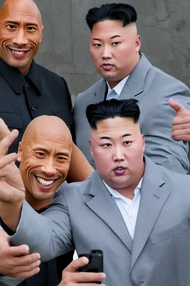 Prompt: selfie of dwayne the rock johnson and kim jong - un, pyongyang, 8 k resolution