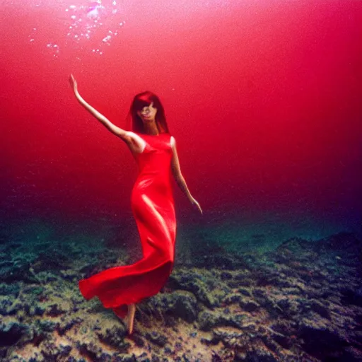 Prompt: beautiful portrait of fashion model in red silk underwater, 35mm film