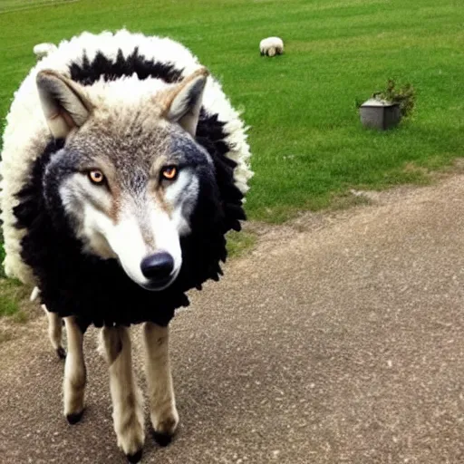 Prompt: a wolf dressed up as a sheep