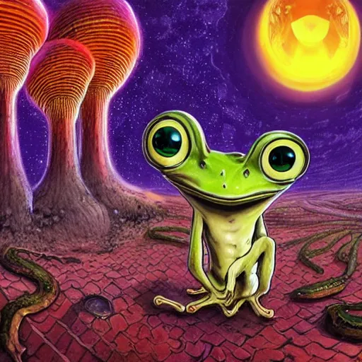 Image similar to A centered waist up portrait of a scary psychedelic godlike anthropomorphic frog smoking an anime cigar , magic mushroom village in background . award winning. superb resolution. in the art style of junji Ito and greg rutkowski . Detailed Mushroom city in background. Hyper realistic anime. Perfect art. Dalle2