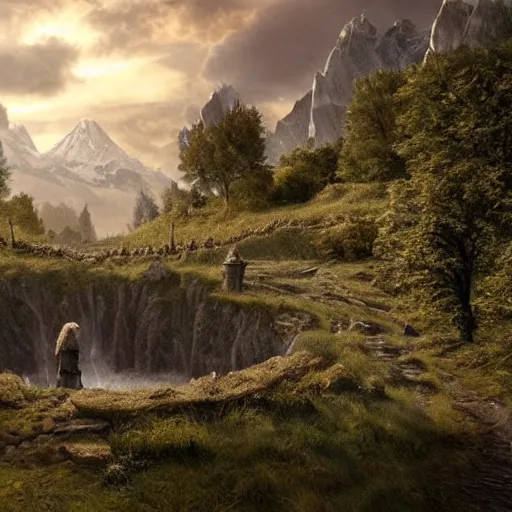 Image similar to photorealistic Lord of the rings setting
