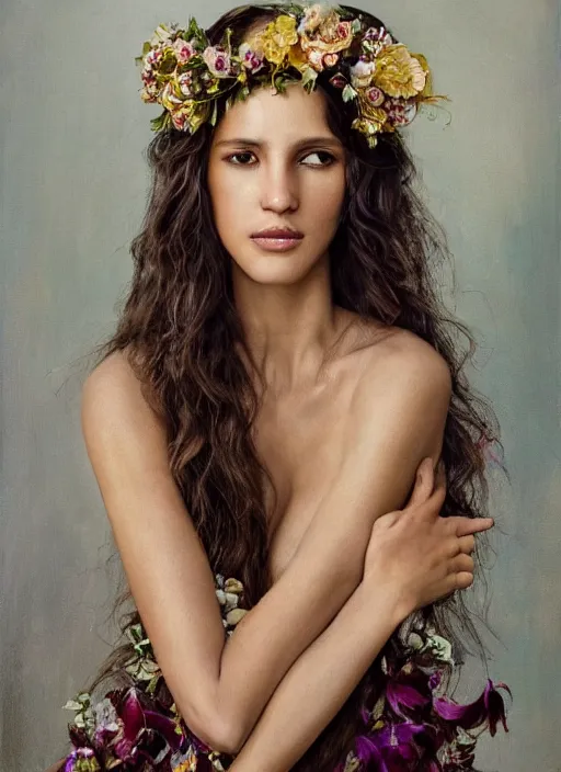 Image similar to an oil on canvas portrait! of Adria Arjona as an ethereal beauty with wavy hair covered by an orchid floral crown. The royal dress is made of intricate gold and silver threads with jewellery, composing complex geometrical patterns, zenithal lighting, shot on 70 mm, by Alina Ivanchenko and Hirothropologie and Patrick DeMarchelier .